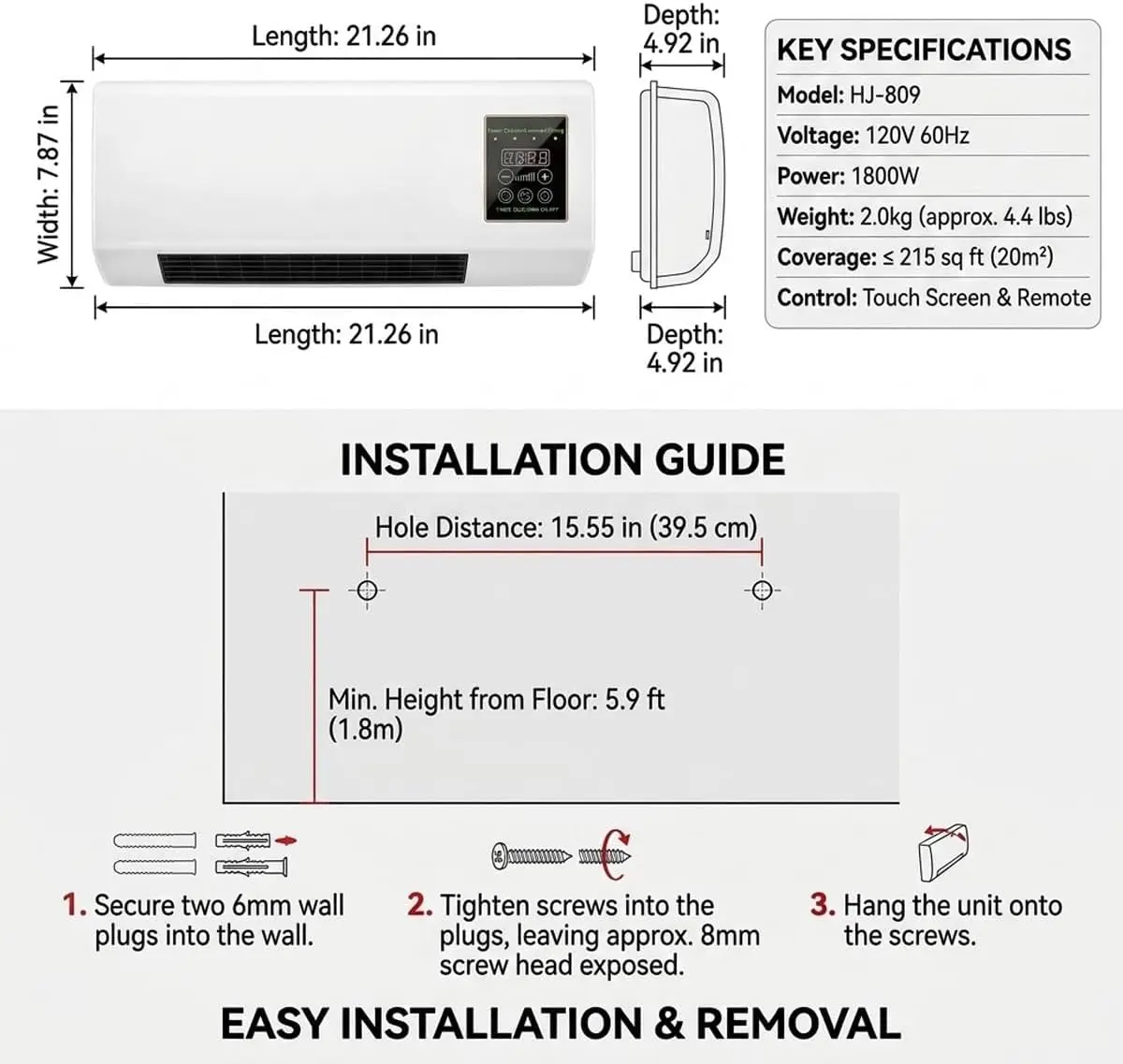 Wall Mounted Air Conditioner Fan, 2-in-1 Heater and Cooling Combo, 1800W PTC Space Heater Combo Unit with Remote 8H Timer, Quiet Ductless Smart Airflow for Bathroom Office(White) - Image 8