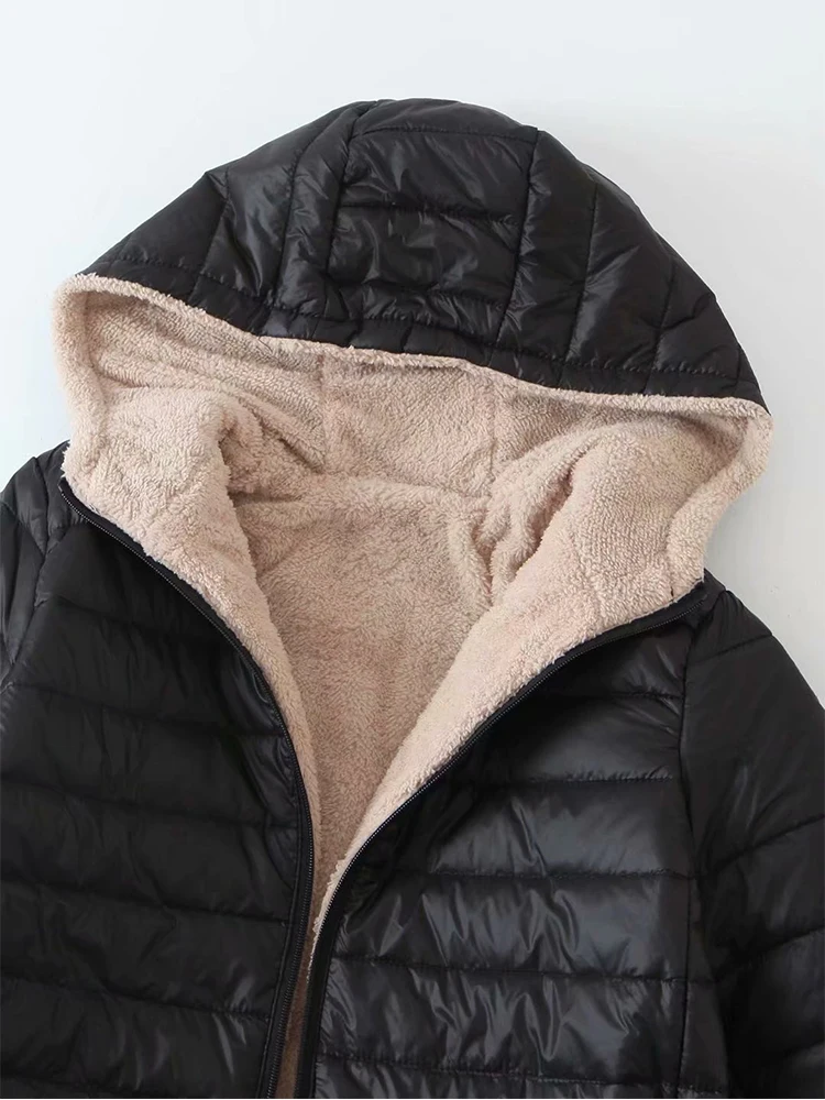 New Mid Length Korean Edition Hooded Fit Women Jackets Autumn Winter Mid-length Office Cotton Coats Warm Lamb Fleece Parkas - Image 6