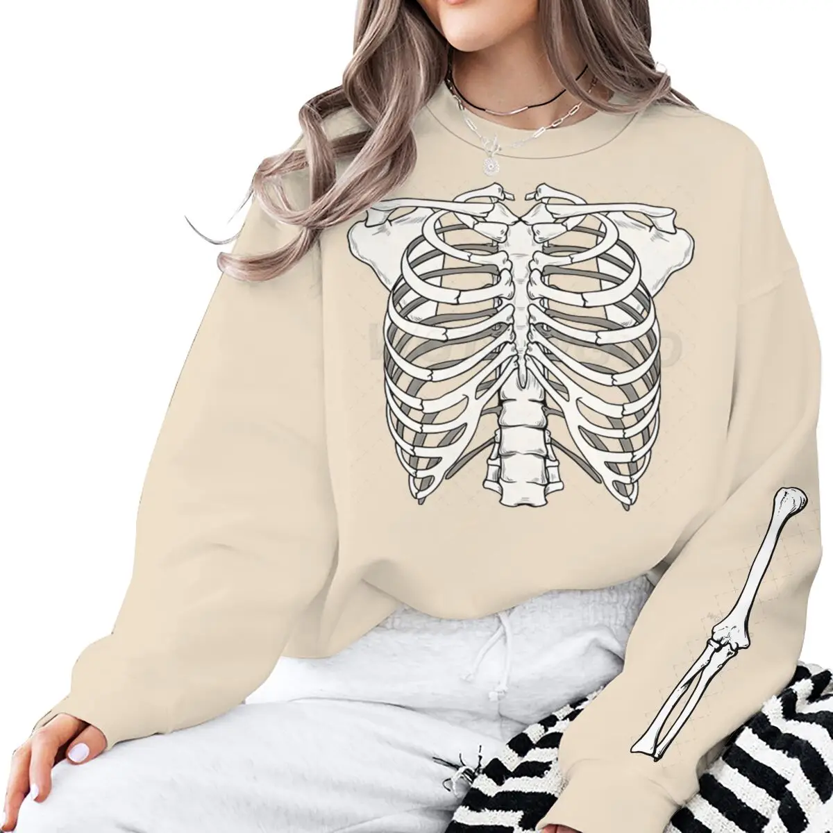 Halloween Skeleton Rib Print Sweatshirt Women Men Vintage Skull Crew Neck Long Sleeve Pullover Classic Halloween Sweatshirts - Image 5