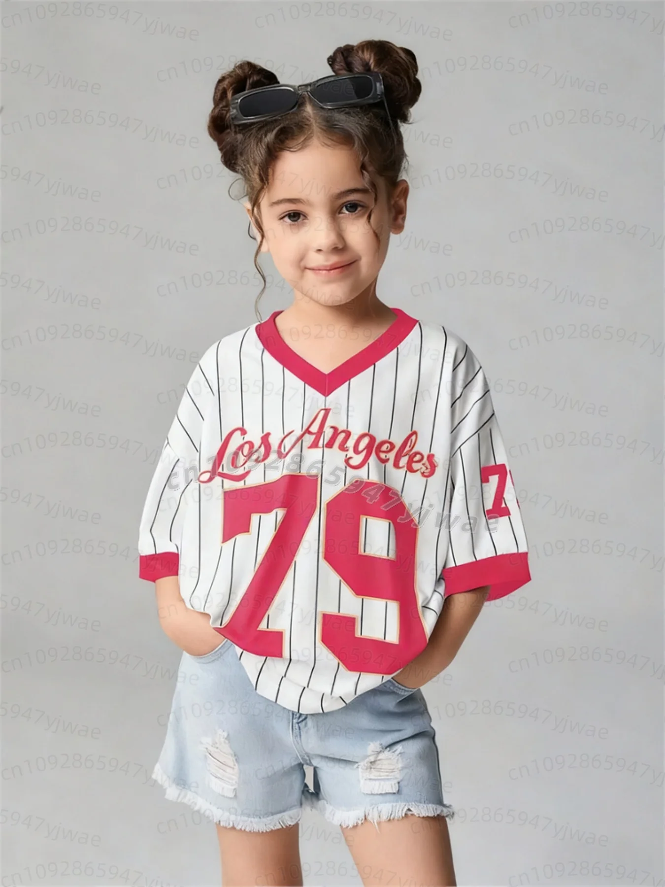 26 Girls Casual Sports Style Los Angeles No.79 Pattern Color Block Print Short Sleeve V-Neck Women's Children Adult T-Shirt
