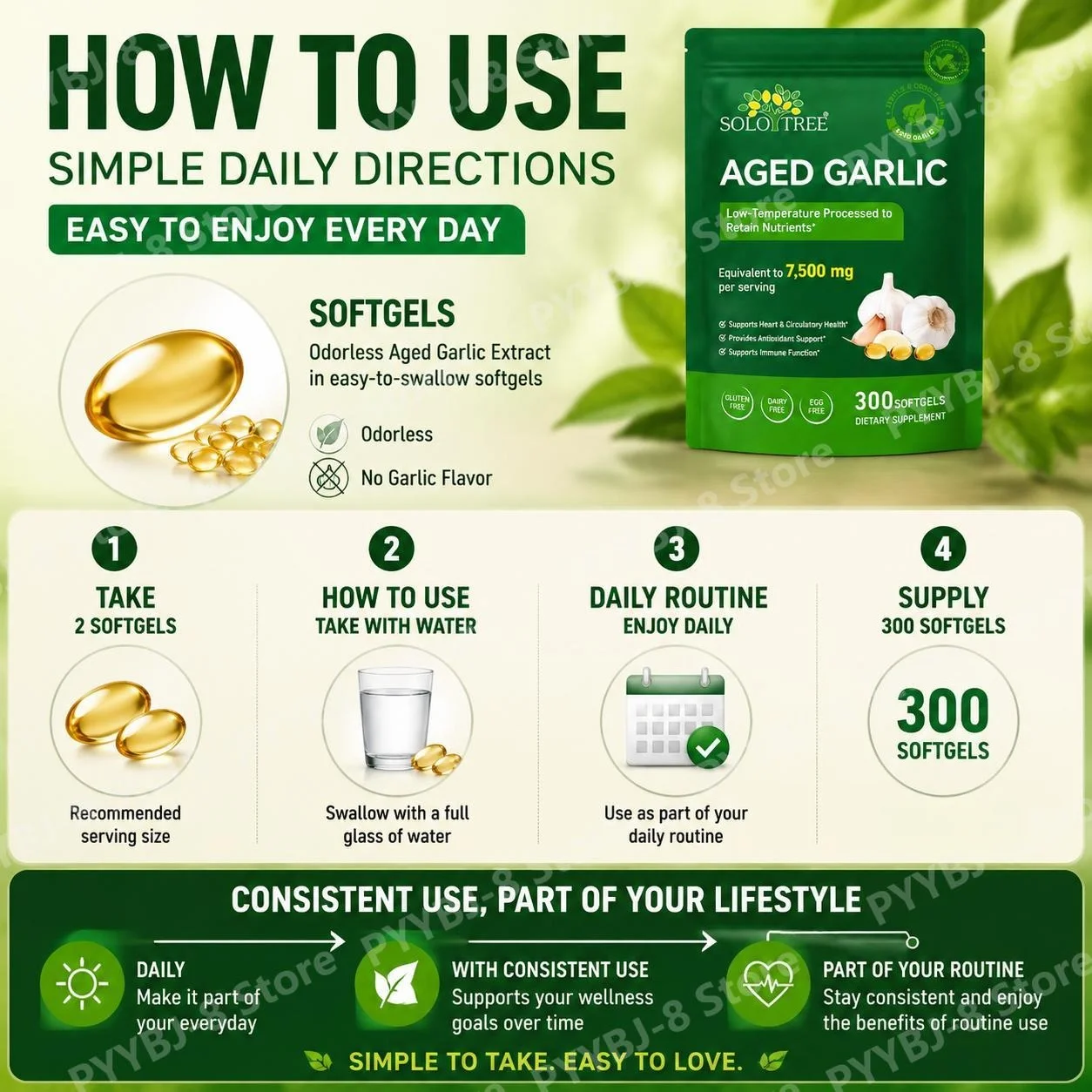 SOLOTREE Aged Garlic Extract Softgels Heart & Circulatory Support Antioxidant Support Immune Function Support 300 Softgels - Image 6