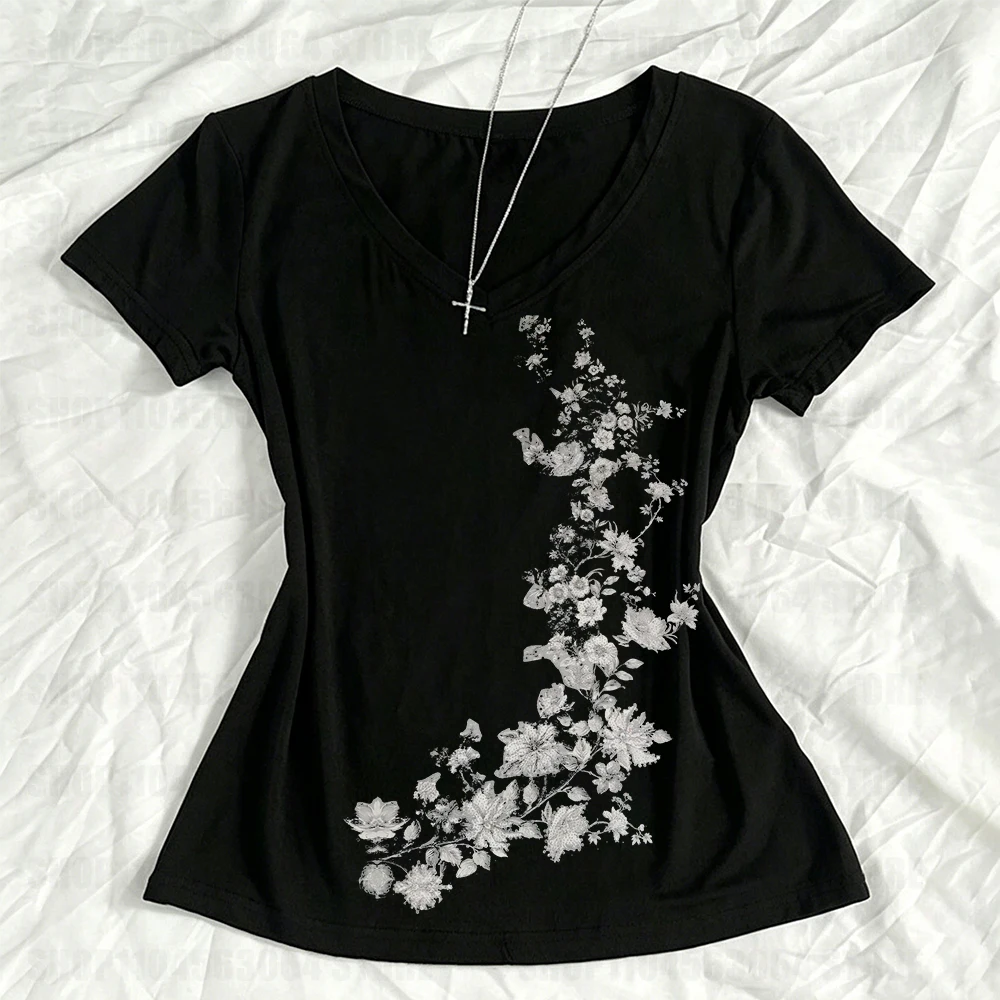 Women American Vintage Flower Print T-shirt Summer Grunge Retro Slim Fit Tees Y2K Harajuku Grunge Short Sleeve Hottie Tops New
