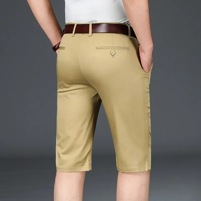 Mens Summer Cuffed Hem Knee Length Chino Suit Shorts Four Way Stretch Fabric Bottoms For Business Street Smart Casual Outfit