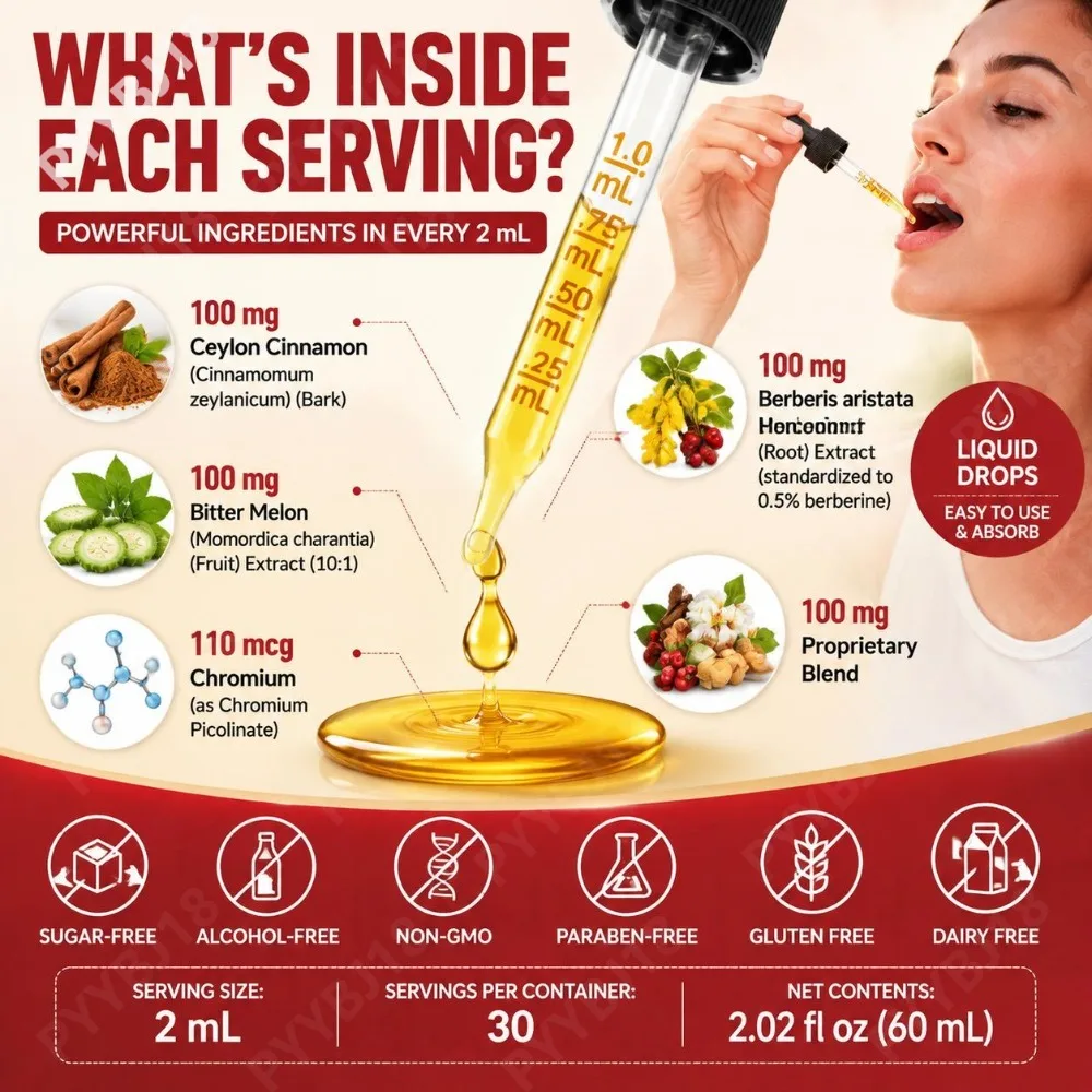 Berberine Liquid Drops with Chromium, Ceylon Cinnamon, Bitter Melon, Turmeric & Botanical Blend, Daily Wellness Support, 60 mL - Image 6