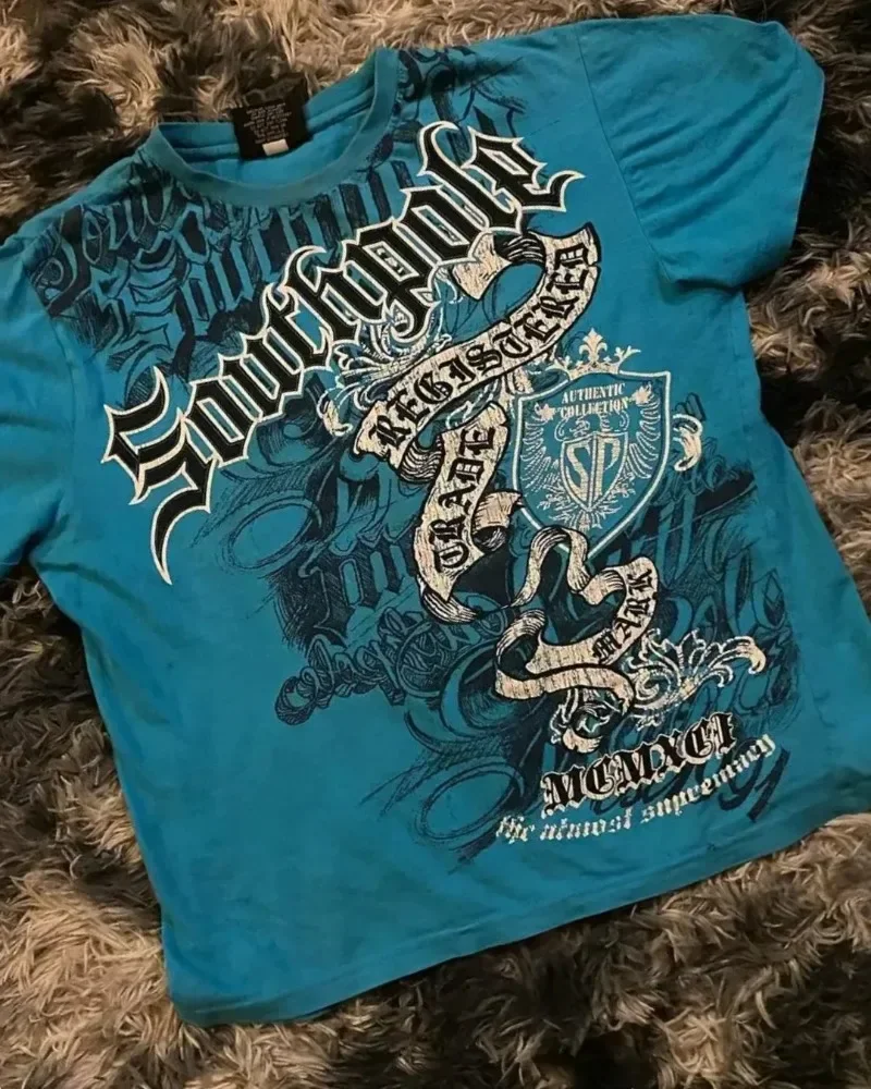 2000s Retro Blue Gothic Pattern Printed Hip Hop Street Fashion Plus Size T shirt Round Neck Short Sleeve Women Couple Couple Top - Image 3