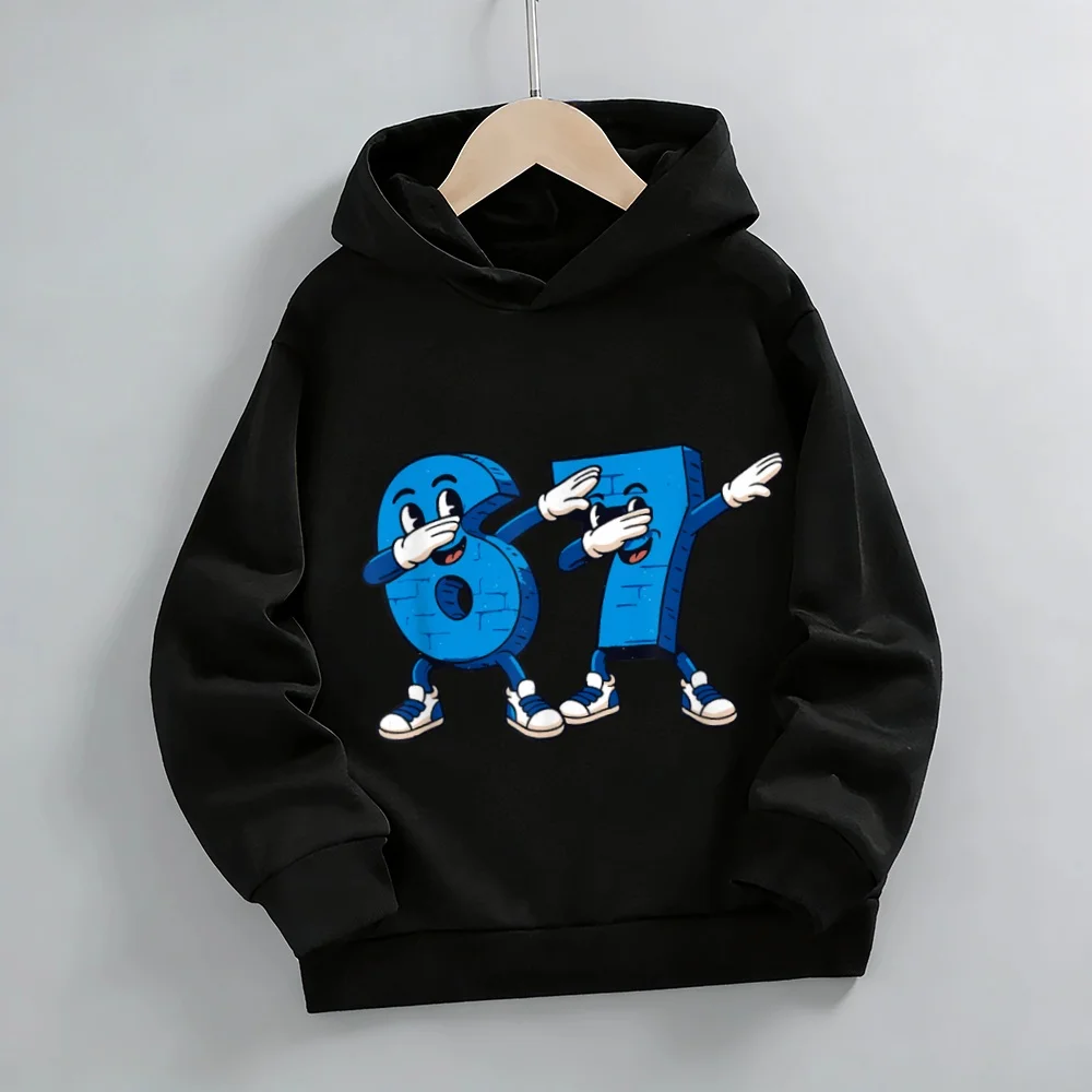 Boys & Girls Gray Anthropomorphic Number 67 Print Hoodie | Cute & Cool Casual Hooded Top