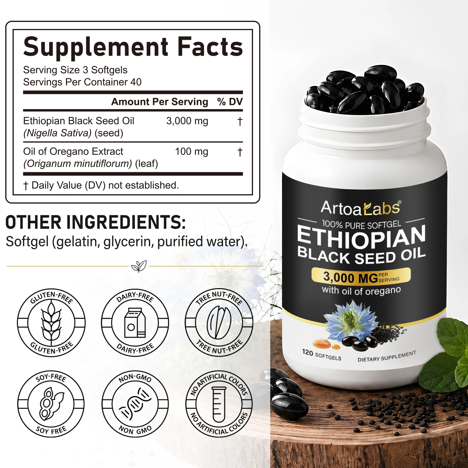 ArtoaLabs Ethiopian Black Seed Oil Softgels with Oregano Extract, Non-GMO for Immune Support and Digestive Balance, 120 Softgels - Image 5