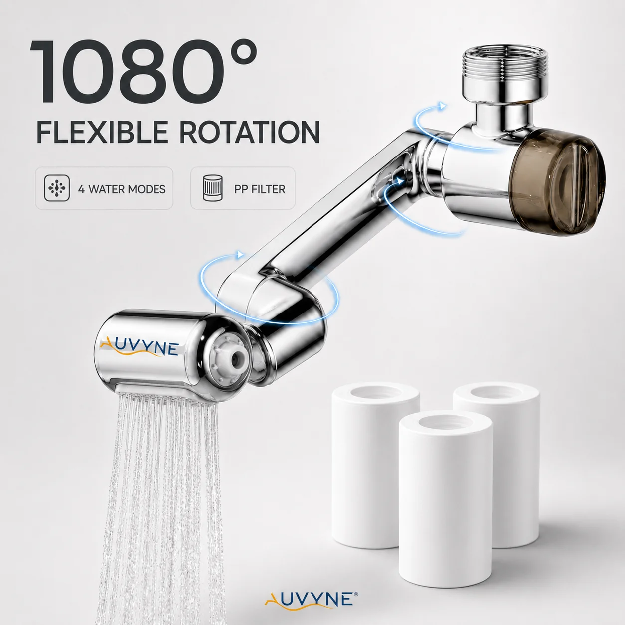 1080° Rotating Faucet Extender, Faucet Aerator Water Filter, 4-Mode Anti Splash Sink Sprayer for Kitchen Bathroom, 9 PP Filters