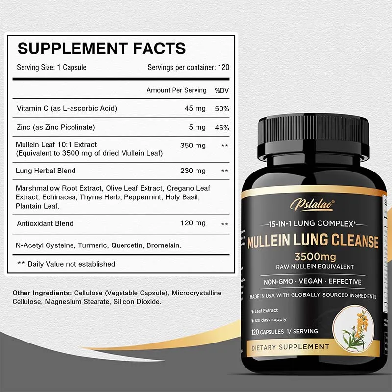 Mullein Lung Cleansing - Lung Clearing, Lung Health, Immunity - Smoker's Respiratory Supplement, Vegetarian Capsules - Image 2