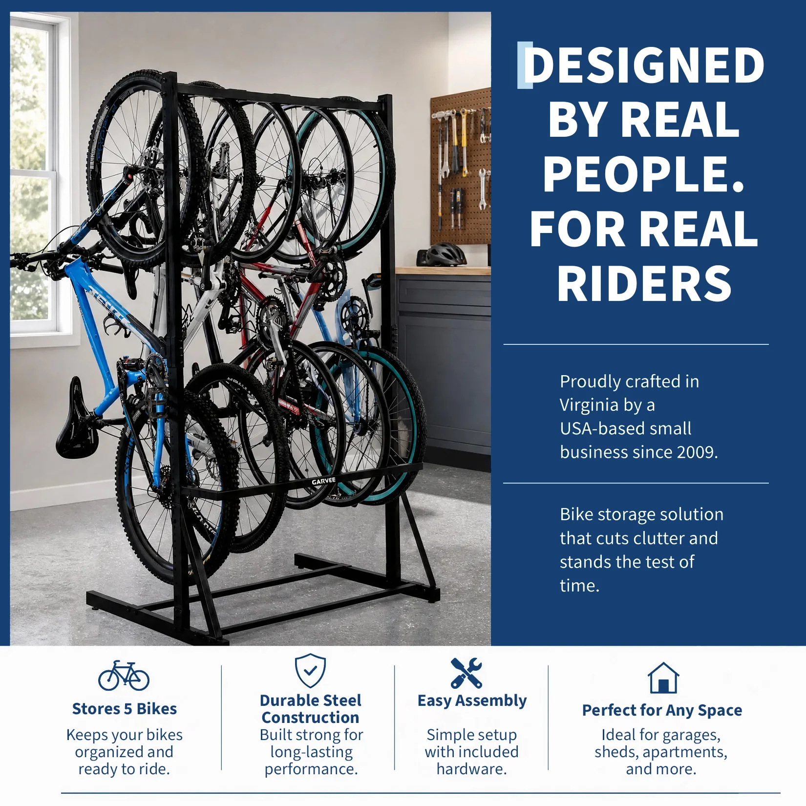 Vertical Bike Rack Garage Storage System for 5 Bikes | Freestanding Bike Rack Heavy Duty Floor Bike Stand Bicycle Organizer for Road Mountain Hybrid Kids Bikes - Image 4