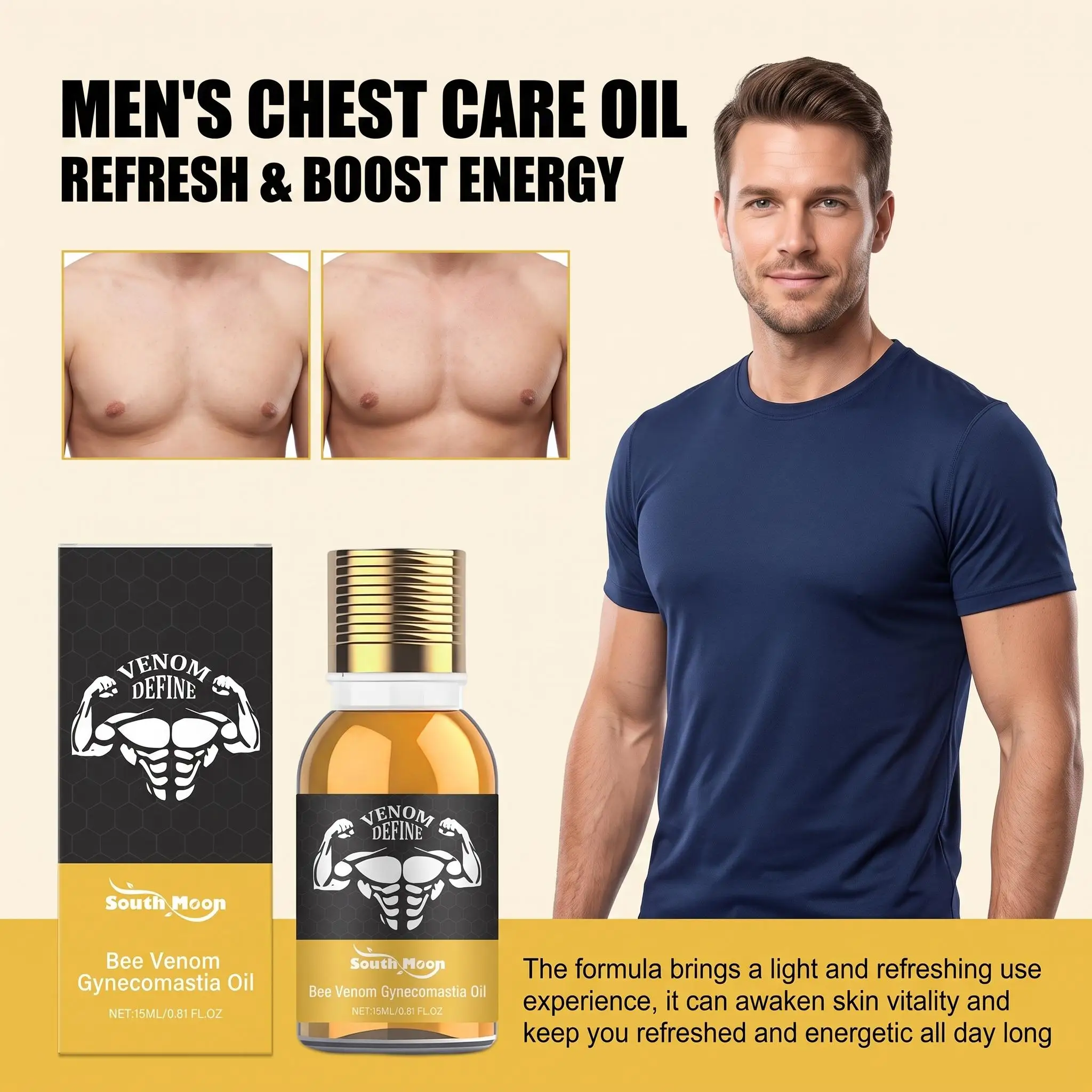 Bee Venom Gynecomastia Oil For Men Shaping Chest Muscle Contour Reduce Chest Sagging Breast Massage Serum Male Chest Tighten Oil - Image 3