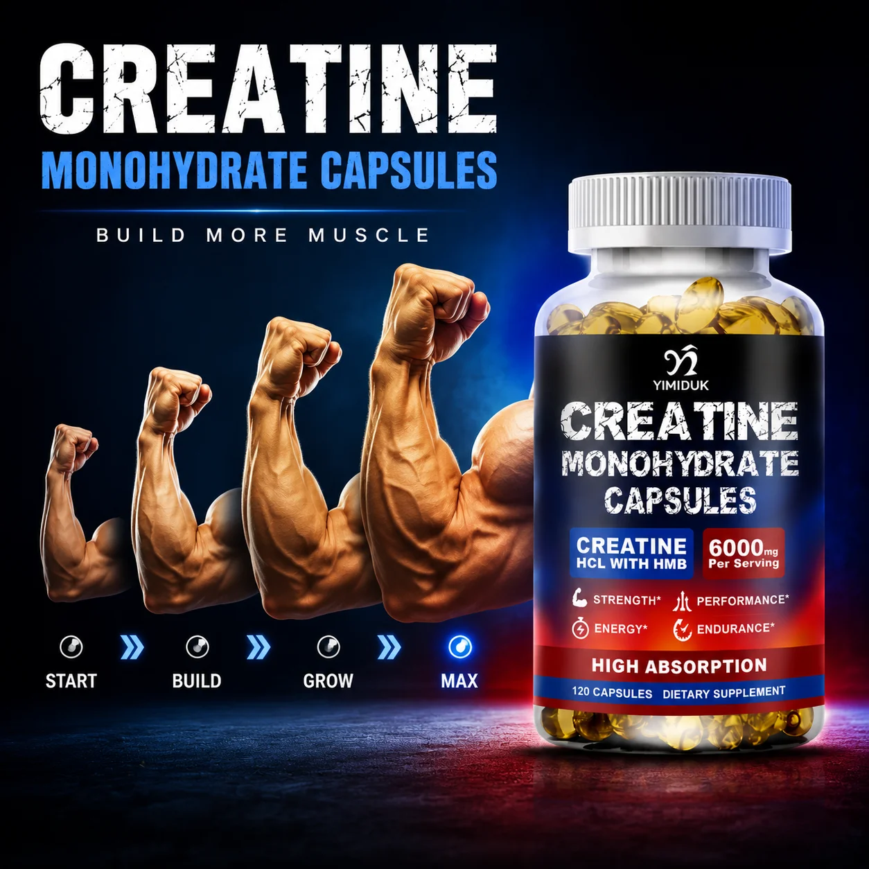 Dual Creatine Monohydrate Capsules, with HCL HMB, Support Muscle Mass, Exercise Endance, Stamina & Energy, Training Performance