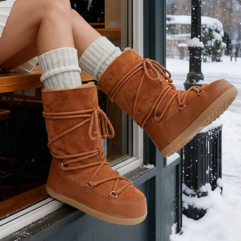 Mid Calf Snow Boots For Women Winter Lace Up Wide Calf Boots Suede Round Toe Flats Warm Lining Anti Slip Snow Shoes Casual Outdoor Party