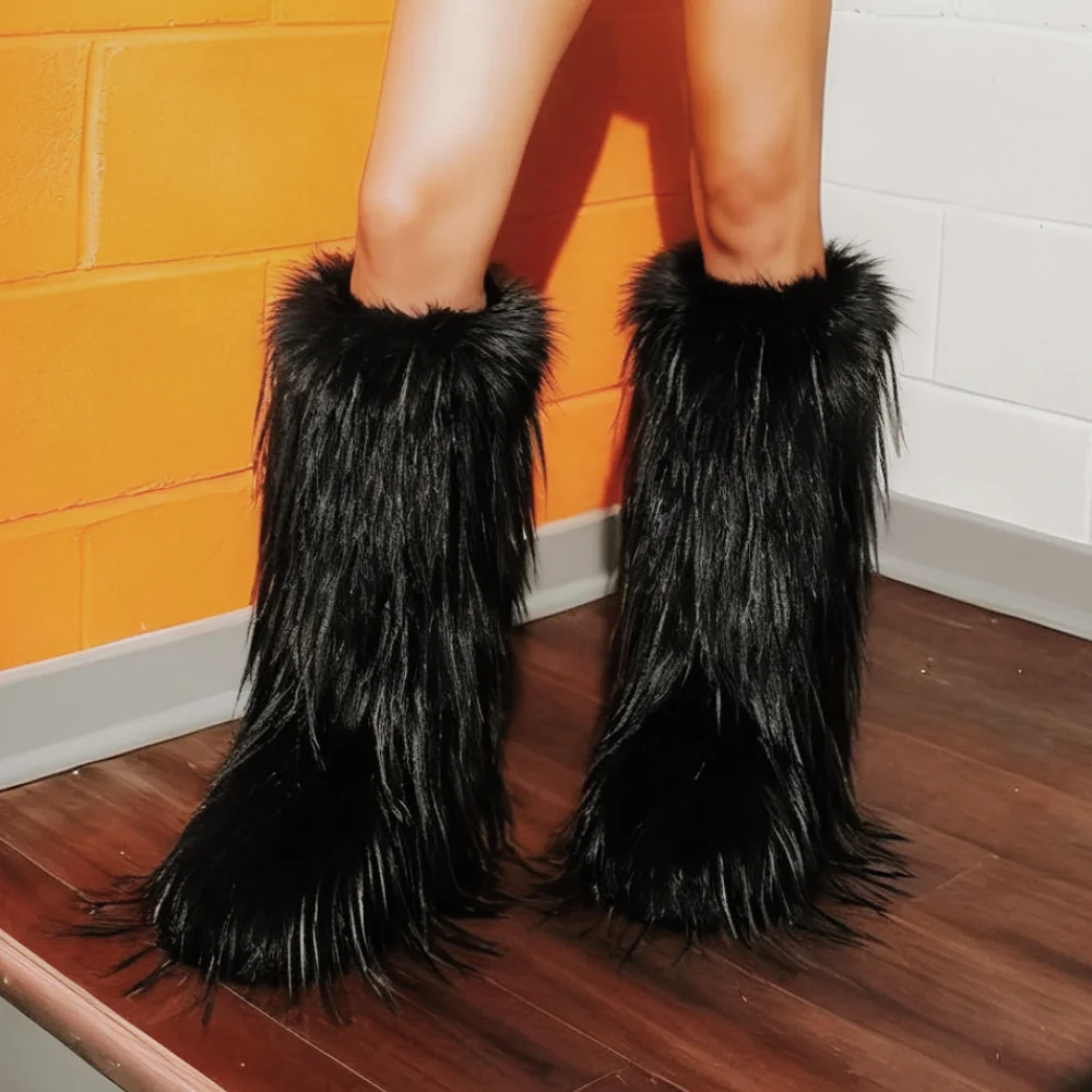 Women Fashionable Fluffy Winter Christmas Furry Knee High Long Boots Pull-On Faux Fur Round Toe Boots Warm Boots Outdoor Flat Shoes Party Casual Winter Fall Boots