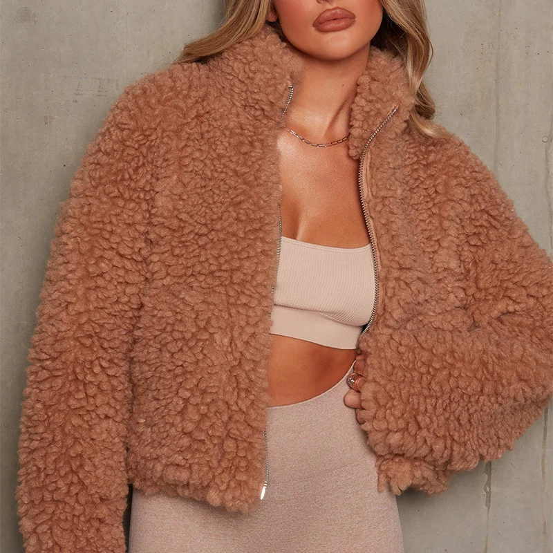 Winter Lamb Wool Short Coat For Women Thicken Warm Long Sleeve Turtleneck Jackets 2023 Autumn Fashion Streetwear Ladies Overcoat - Image 6