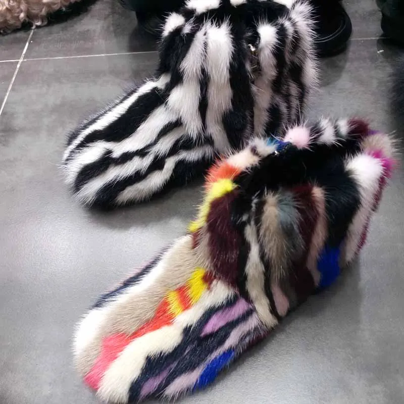 Eskimo Warm Striped Mink Fur Snow Boots Woman Multicolor Patchwork Lady Thick Sole Winter Fur Booties Real Fur Short Boots
