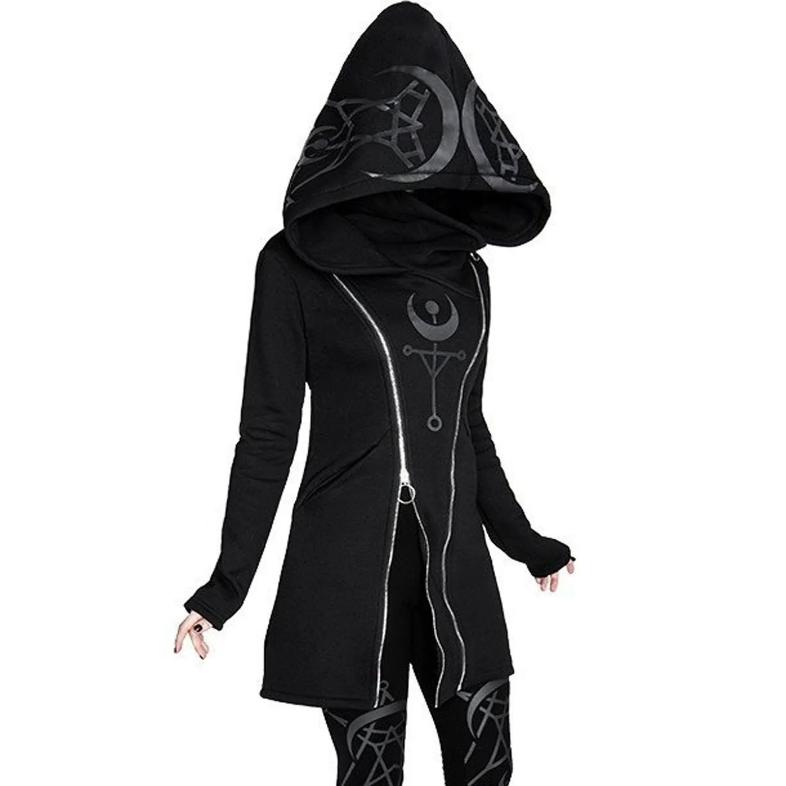 Gothic Punk Long Women Hoodies Sweatshirts 2022 Autumn Moon Print Long Sleeve Jackets Women Loose Zipper Hooded Coat Outwear - Image 3