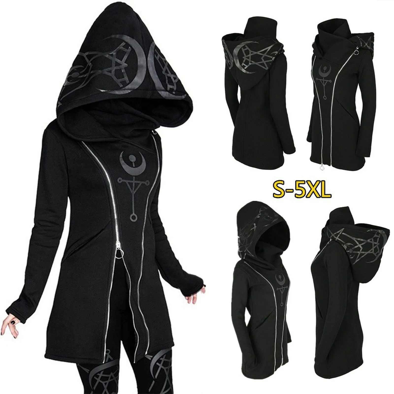 Gothic Punk Long Women Hoodies Sweatshirts 2022 Autumn Moon Print Long Sleeve Jackets Women Loose Zipper Hooded Coat Outwear