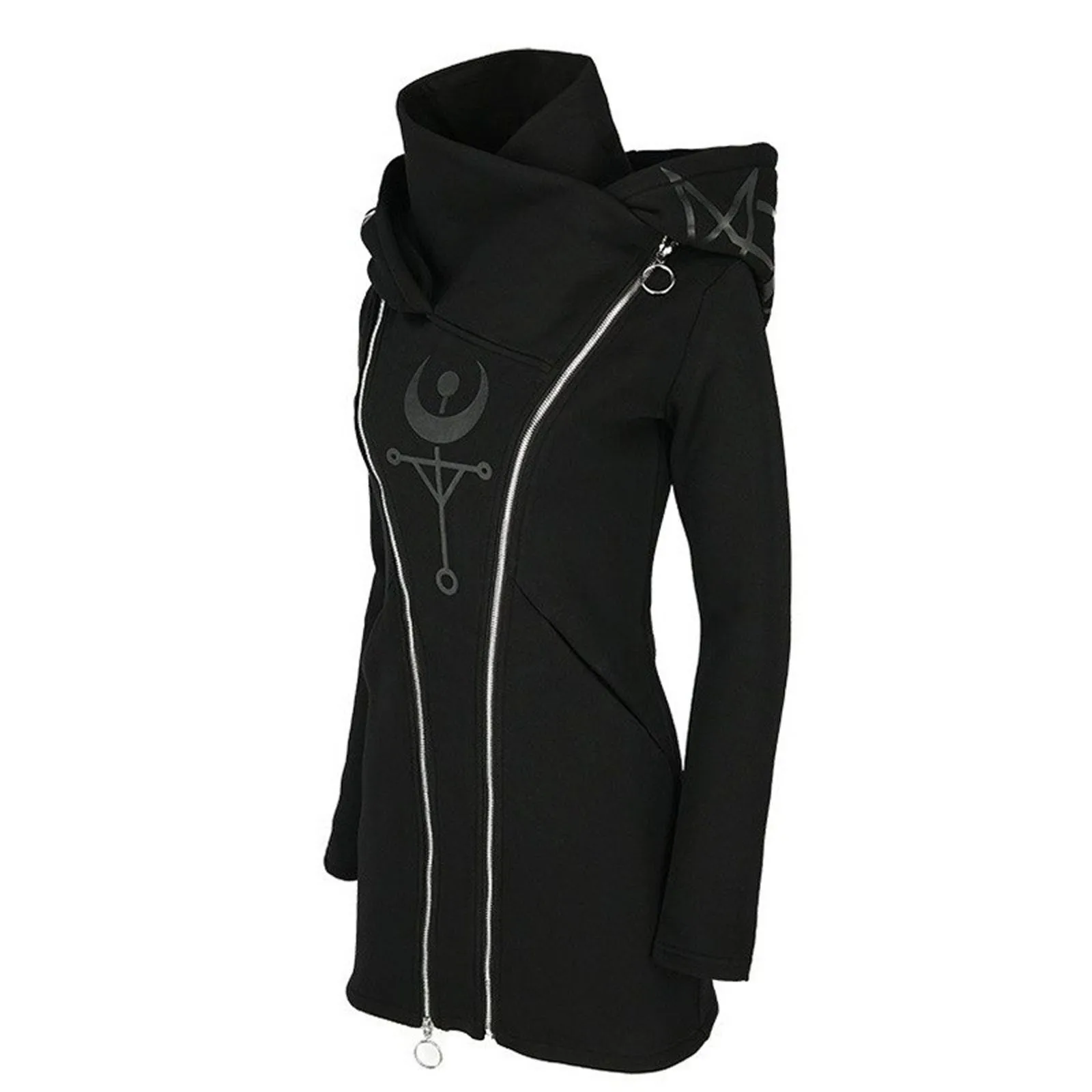 Gothic Punk Long Women Hoodies Sweatshirts 2022 Autumn Moon Print Long Sleeve Jackets Women Loose Zipper Hooded Coat Outwear - Image 5