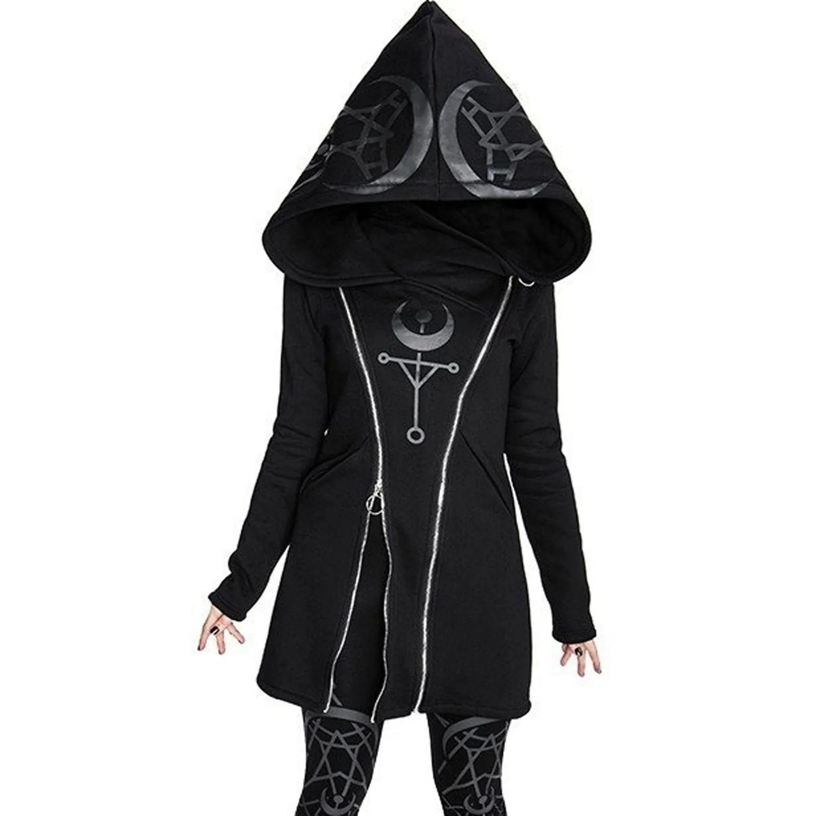Gothic Punk Long Women Hoodies Sweatshirts 2022 Autumn Moon Print Long Sleeve Jackets Women Loose Zipper Hooded Coat Outwear - Image 2