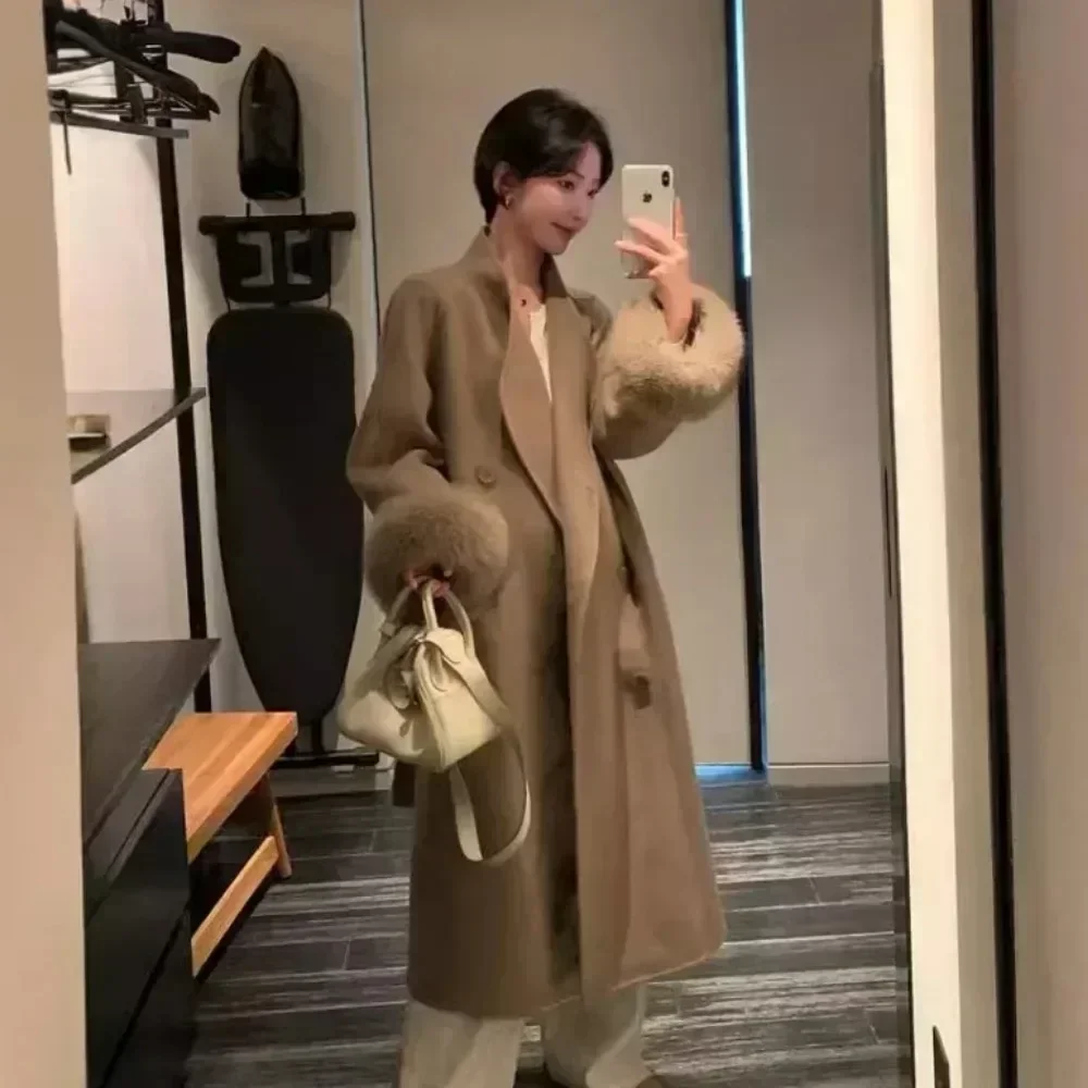 Women Double Face Wool Maxi Coat Luxury Real Fox Fur Coat Clean Line Minimalist Long Autumn Winter Premium Outerwear Fashion - Image 2