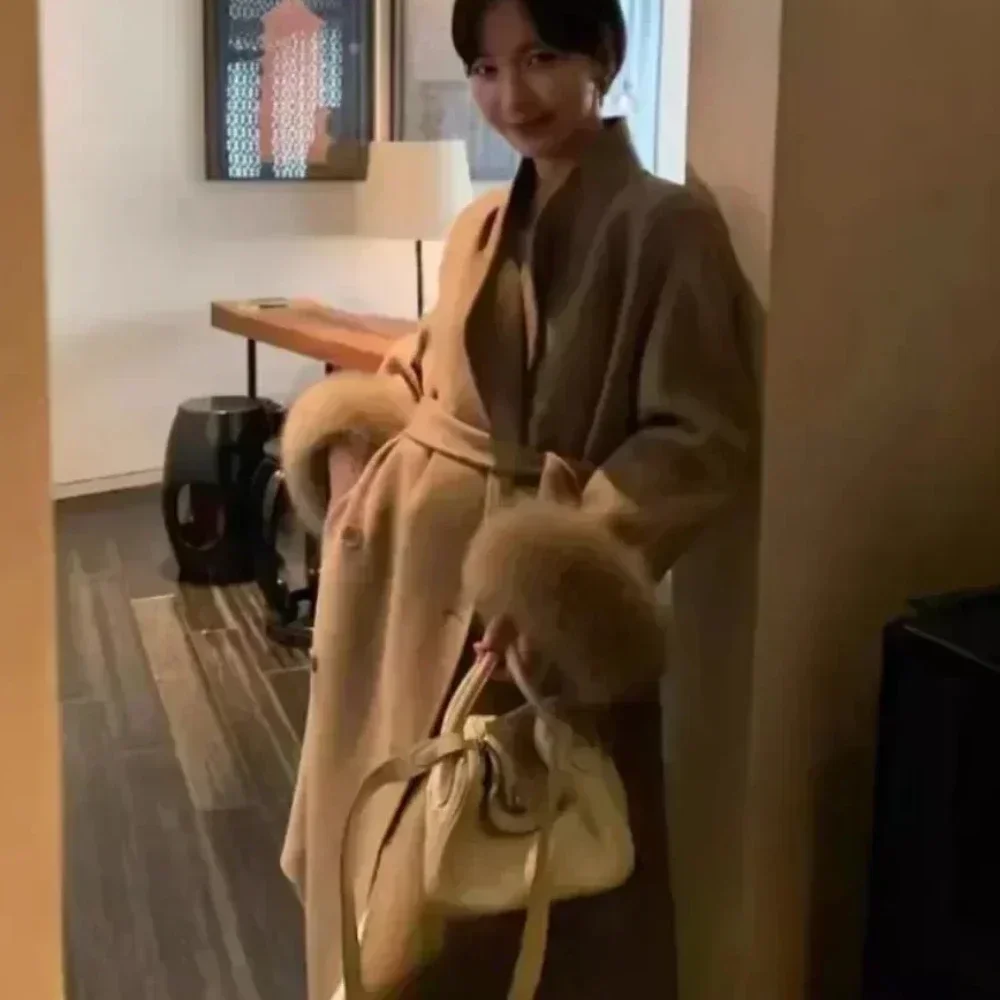 Women Double Face Wool Maxi Coat Luxury Real Fox Fur Coat Clean Line Minimalist Long Autumn Winter Premium Outerwear Fashion - Image 5