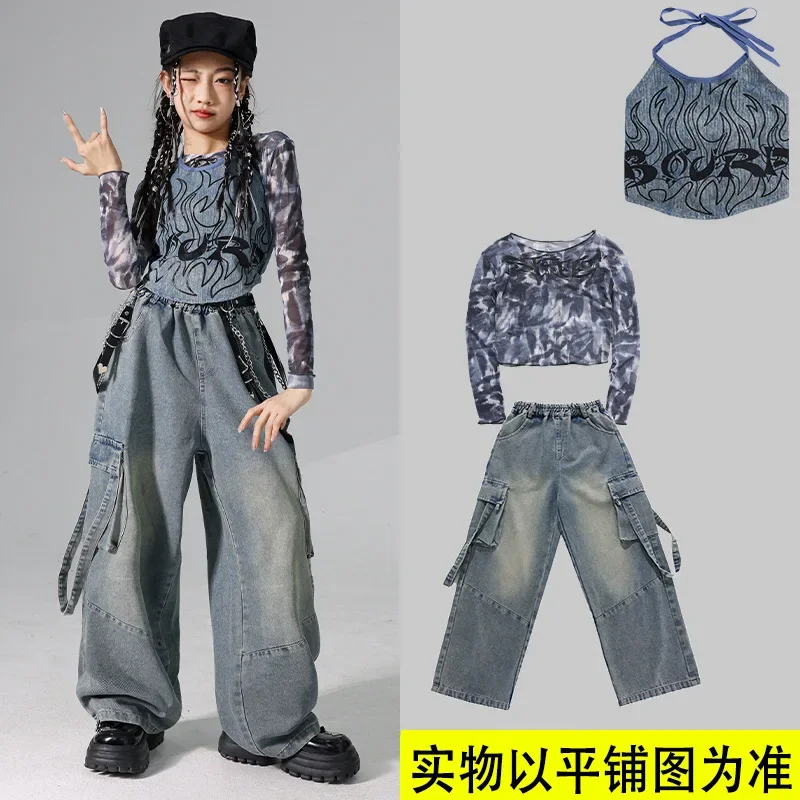 Girls K-pop Denim Crop Top Street Dance Cargo Jeans Pants Kids Hip Hop Jazz Shorts Clothes Set Children Streetwear Stage Costume - Image 6