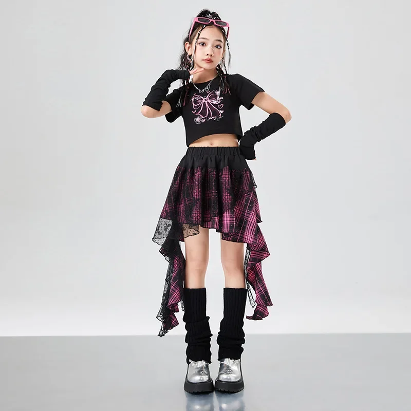 Hip Hop Girls Crop Top Street Dance Gauze K-pop Plaid Skirts Kids Streetwear Children Jazz Cheerleader Costumes Clothes Sets - Image 3