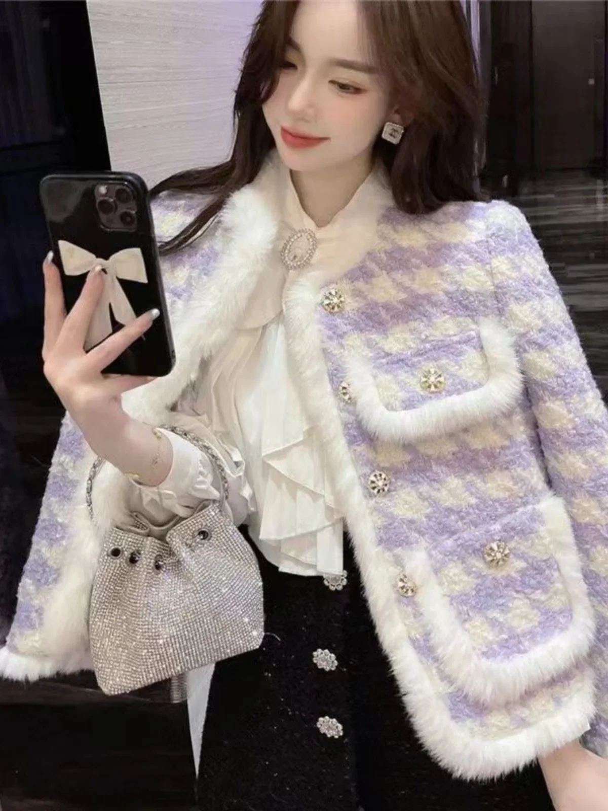 Violet Plaid Lamb Fur Jaet Women's ort Sle 2024 New Autumn Winter Small Fraance Wind Ele Cotton Coat