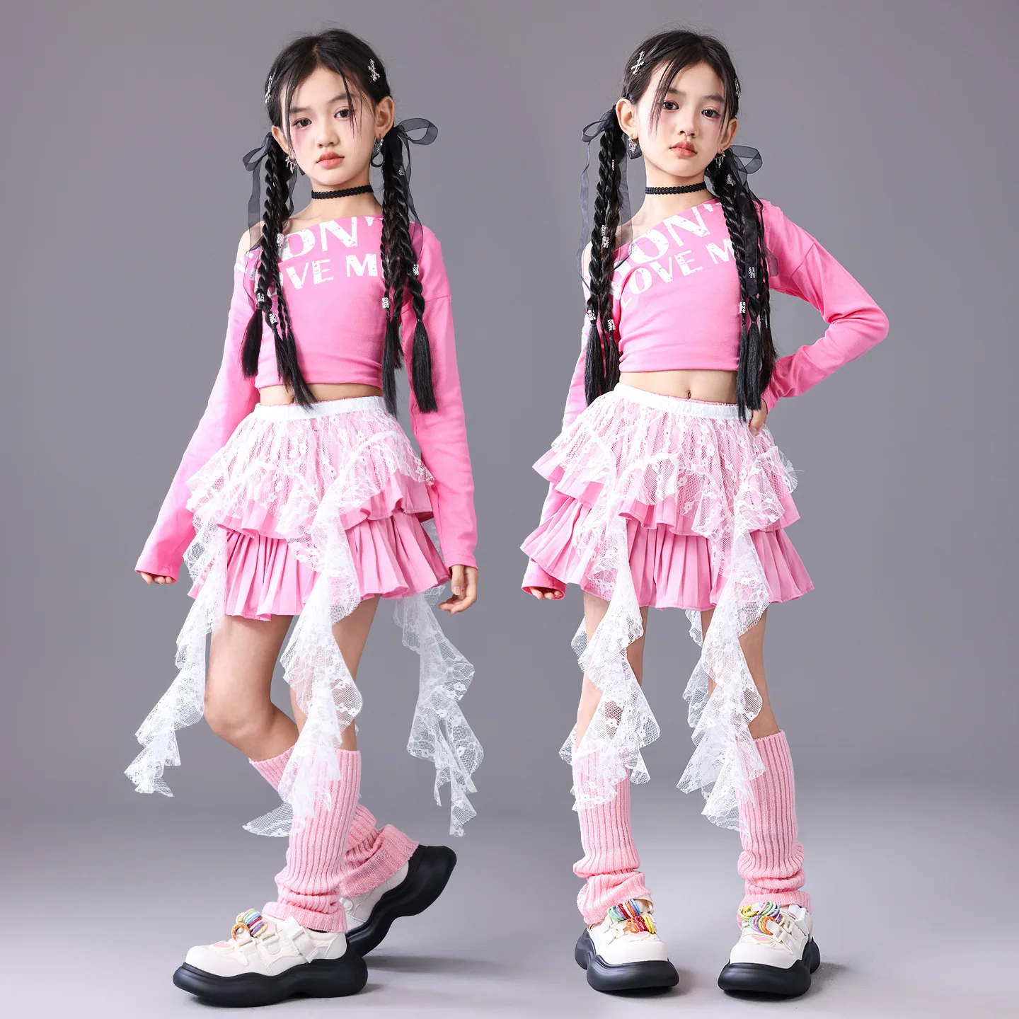 Girls Hip Hop Off Shoulder Crop Top Street Dance Skirts Cargo Pants Children Streetwear Jeans Kids K-pop Girl Group Clothes Set - Image 3