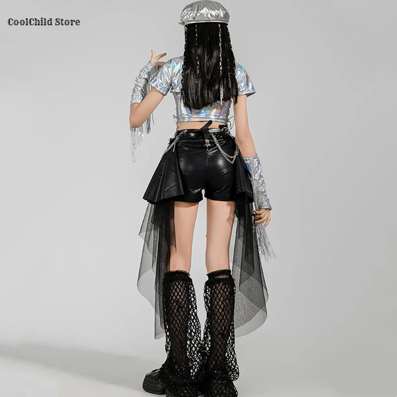 Girls K-pop Silver Shiny Crop Top Street Dance Ribbon Skirt Kids Hip Hop Jazz Clothes Set Children Streetwear Girl Group Costume - Image 6