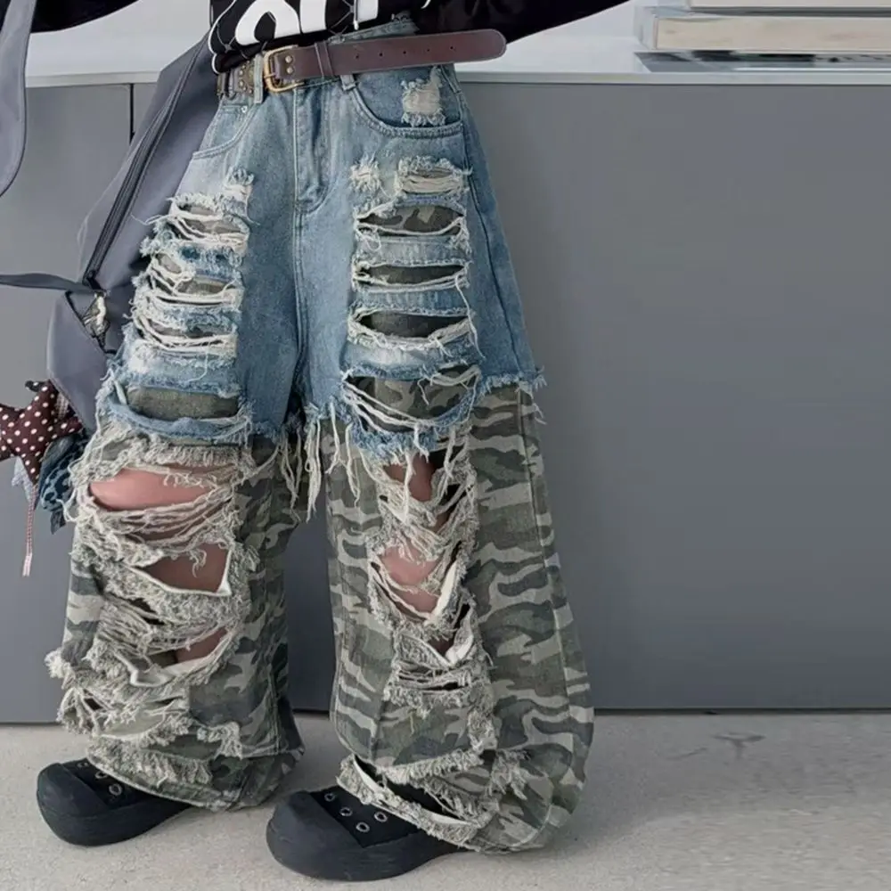 Summer Camouflage Spliced Jeans for Teen Girls 4-14 Junior Wide-leg Pants Hip Hop Jazz Street Dance Kids Trousers with Big Holes - Image 3
