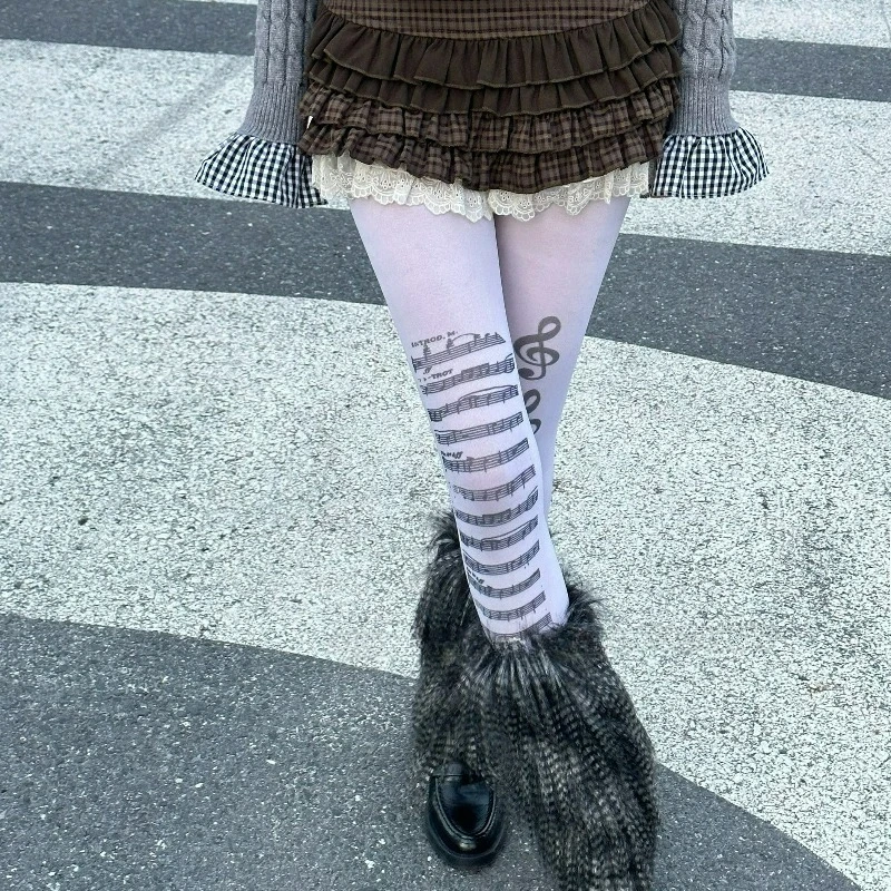 Gothic Music Note Tights for Women Subculture Piano Patterned Stockings Girls Black White Elastic Graffiti Pantyhose Leggings - Image 4