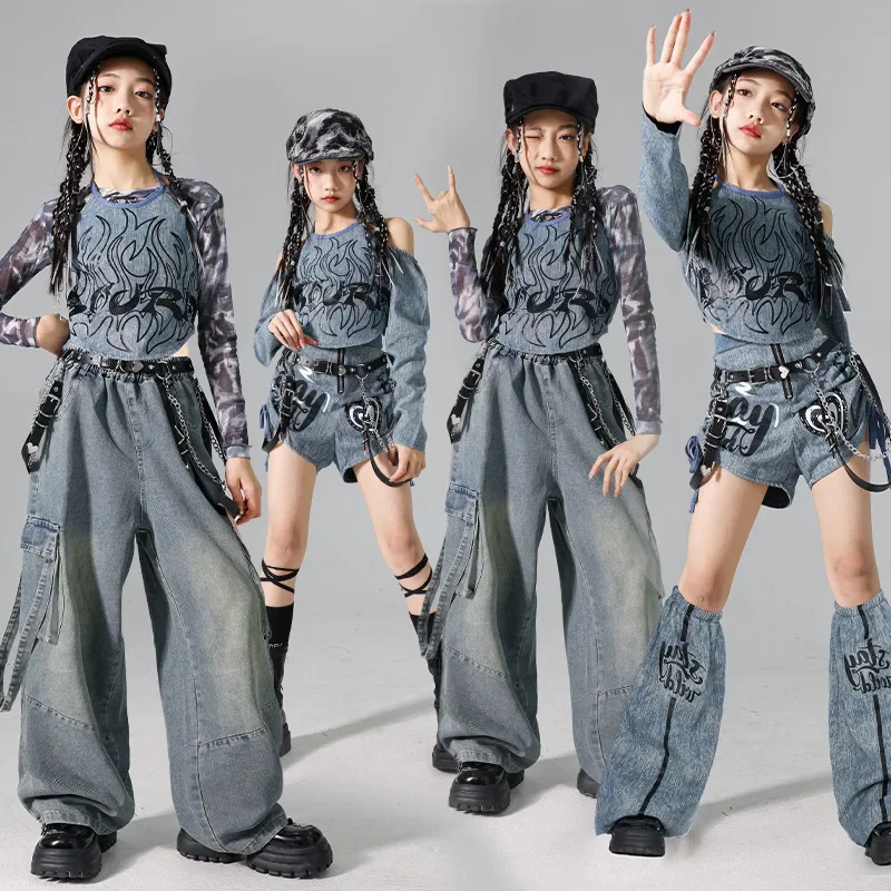 Girls K-pop Denim Crop Top Street Dance Cargo Jeans Pants Kids Hip Hop Jazz Shorts Clothes Set Children Streetwear Stage Costume - Image 3