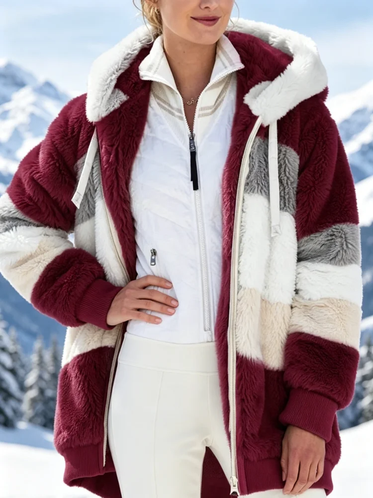 2026 Autumn/Winter Women's Red Patched Thick Fleece Padded Hooded Street Style Loose-Fitting Zipper Cashmere Coat