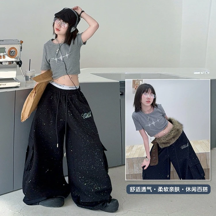 teen girls Hip hop jazz street dance clothes set Knitted Short Sleeve Wide Leg Pants junior kids shining trousers child outfits - Image 2