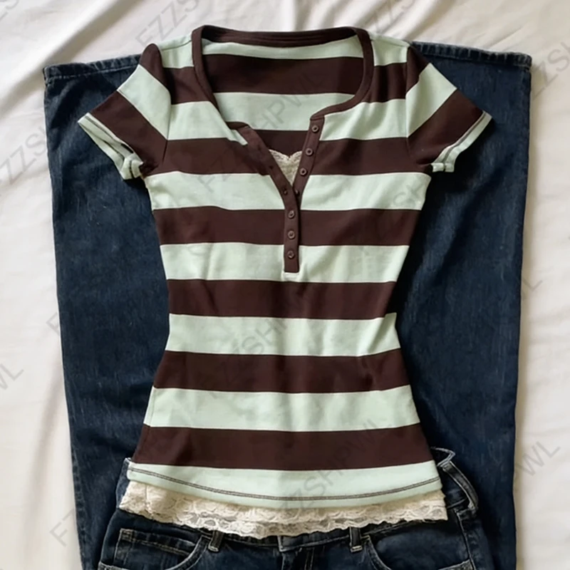 Vintage Y2K Women's Crop Top Casual Slim Chic Faux Two-Piece Color-Blocked Short Sleeve Shirts Spring Summer Striped Streetwear