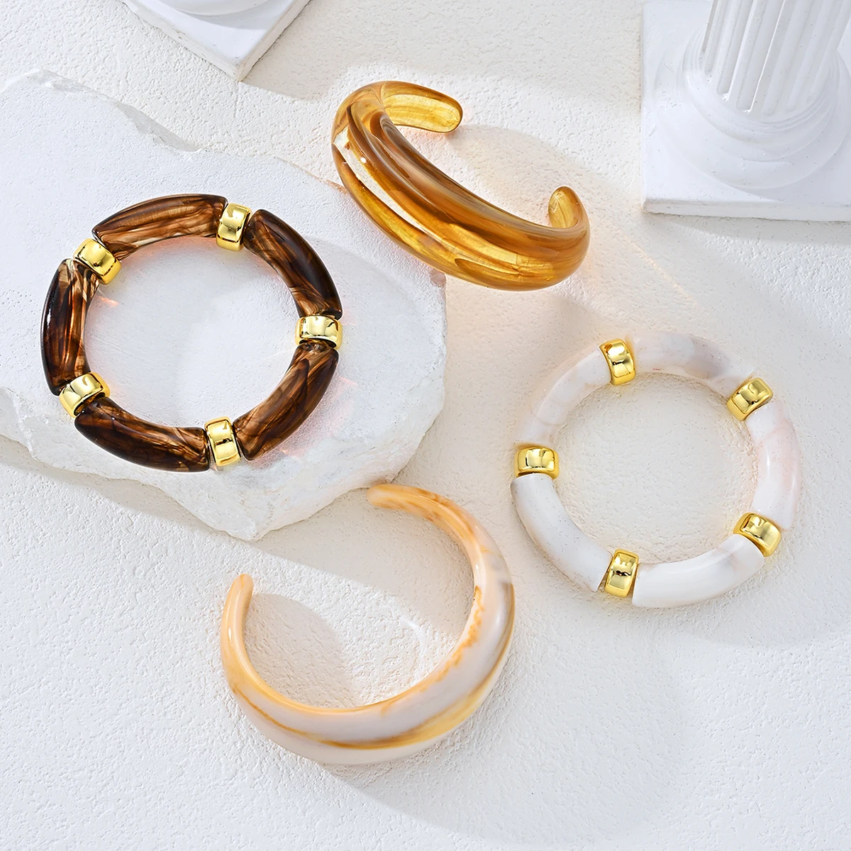 4Pcs Resin Bamboo Curve Bracelet Set For Women Amber White Chunky Trendy Acrylic Cuff Bangles Party Daily Wear Jewelry Gift 2026 - Image 3