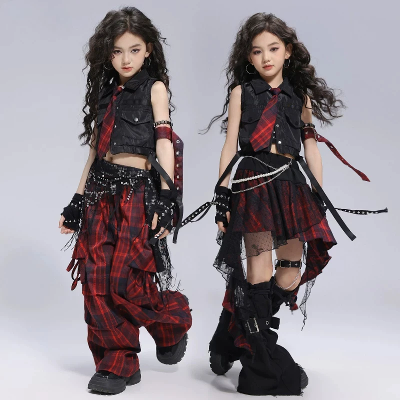 New Girls Hip Hop Clothing Fashion Street Dance Crop Top Plaid Pants Skirt Teenager Kpop Jazz Dance Stage Performance Costume - Image 4