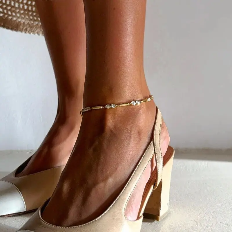 2026 New Arrived Gold Color Geometric Bar Tear Drop Cubic Zirconia CZ Link Chain Anklet Women Fashion Jewelry - Image 4