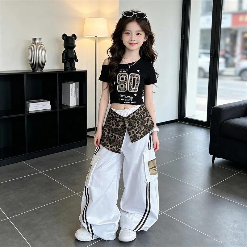 Girls New Suit Children Off-Shoulder Top + Leopard Print Decoration Pants Set Summer 2PCS Kids Streetwear Casual Hip Hop Outfits - Image 4