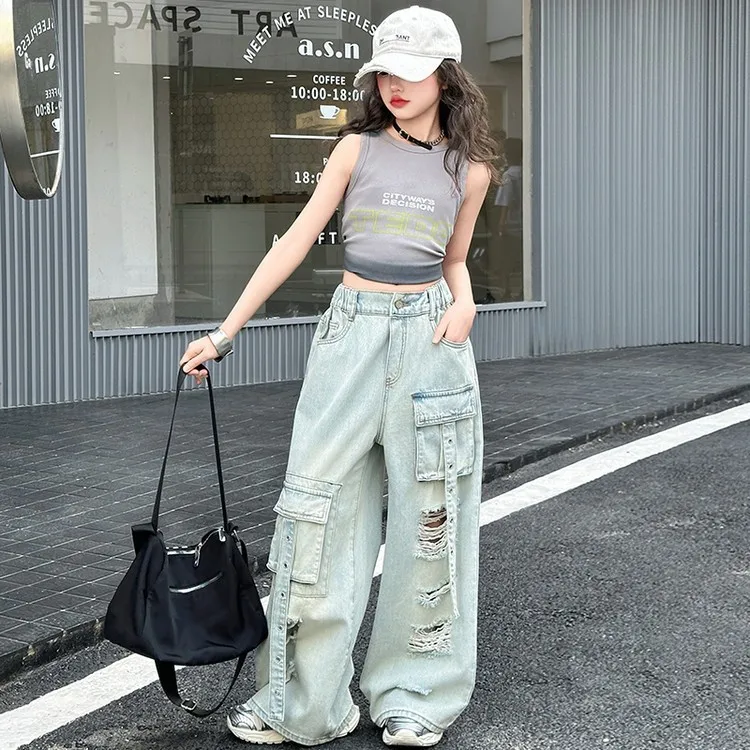 summer teen Girls Hip Hop Jazz Street Dance Clothes Multi pocket cargo pants Tie dye top junior kids jeans t-shirt child outfits - Image 2