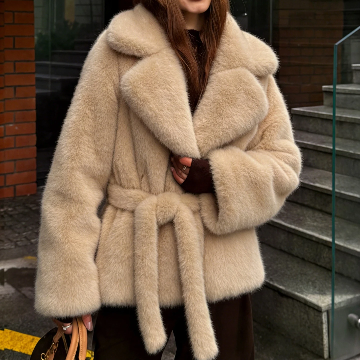 Women Faux Fur Short Coats Jackets Stand Collar Coat Thick Warm Y2k Streetwear Jacket Elegant Lace Up Outerwear Autumn Winter