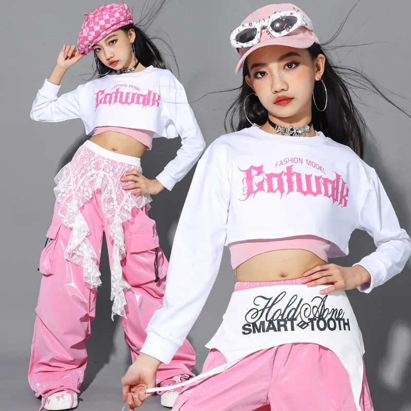 Jazz Dance Clothes For Girls Kpop Outfit Hip Hop Performance Wear Pink Shuffle Pants Kid Street Dance Show Fashion Suit - Image 2