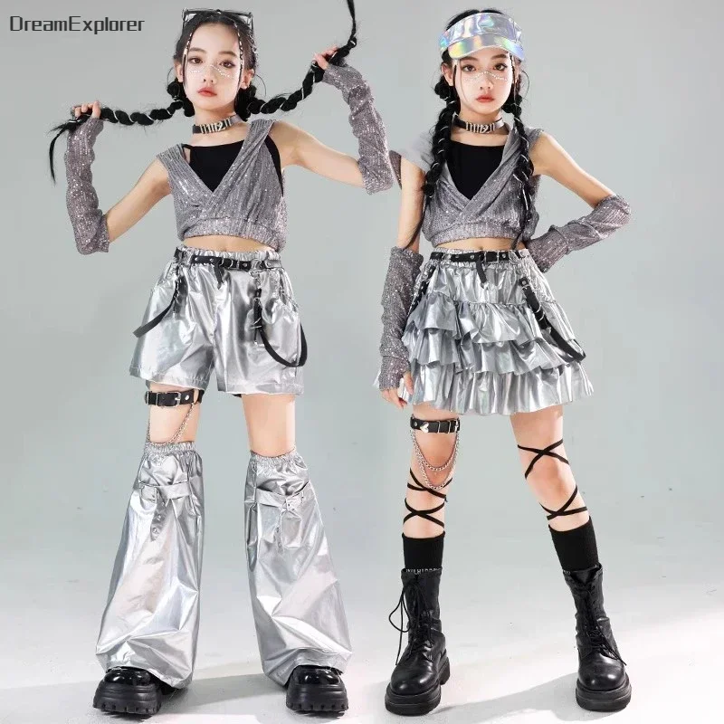 Girls K-pop Sequin Crop Hoodies Street Dance Shorts Kids Hip Hop Jazz Skirts Silver Pants Clothes Sets Child Streetwear Costumes - Image 4