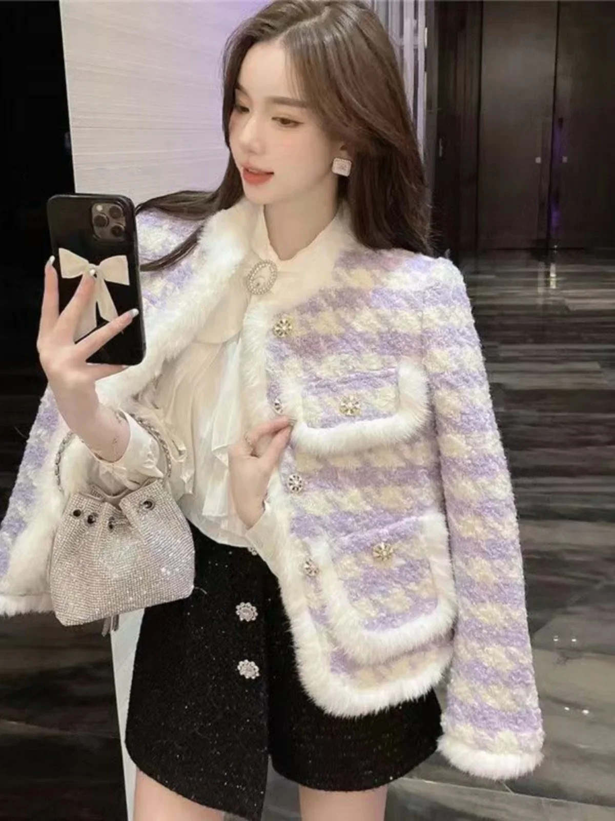 Violet Plaid Lamb Fur Jaet Women's ort Sle 2024 New Autumn Winter Small Fraance Wind Ele Cotton Coat - Image 2