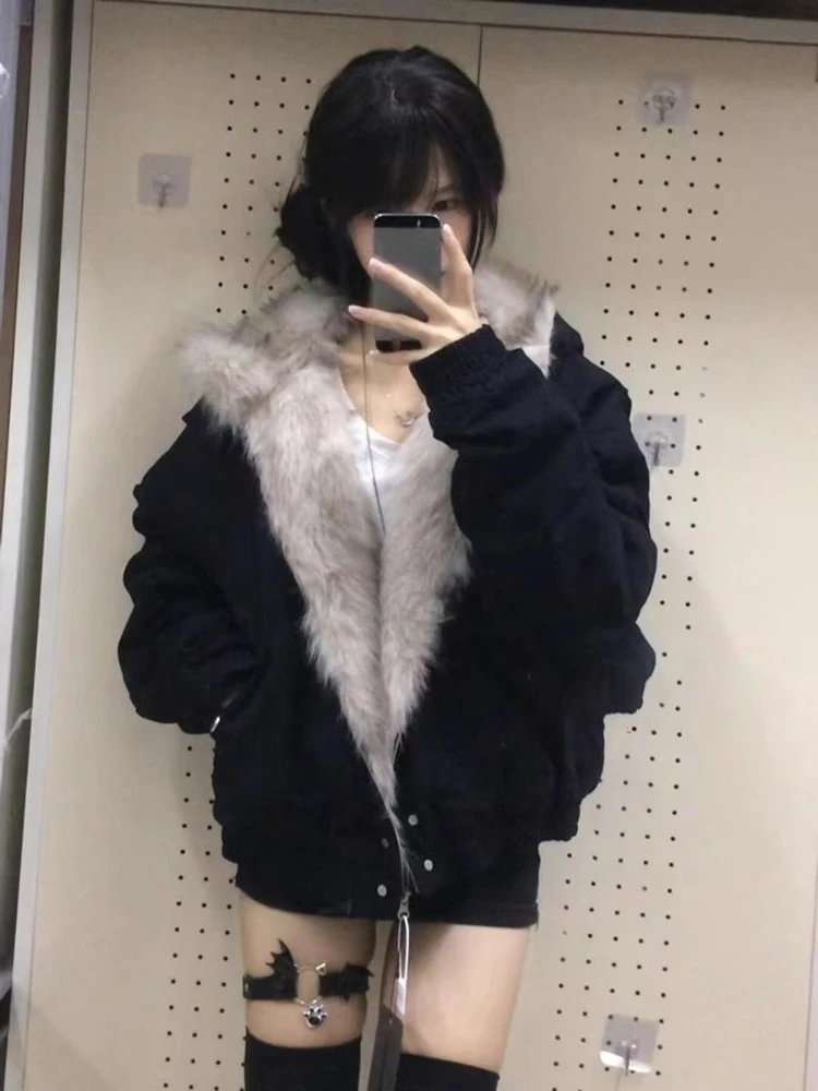Winter New Elegant Liner Fur Loose Coat Women Y2k Fur Collar Hood Thick Fashion Parkas Casual Outerwear Cotton Padded Jackets