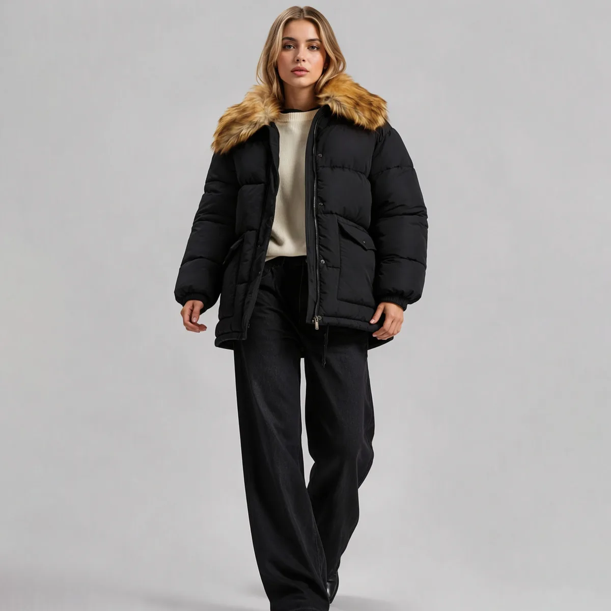 Women Black Puffer Jacket with Brown Faux Fur Collar, Zip Snap Closure Flap Pockets Drawstring Hem, Winter Warm Casual Outerwear - Image 4