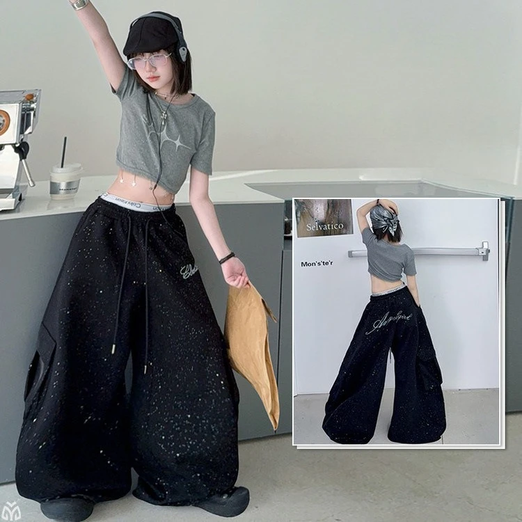 teen girls Hip hop jazz street dance clothes set Knitted Short Sleeve Wide Leg Pants junior kids shining trousers child outfits