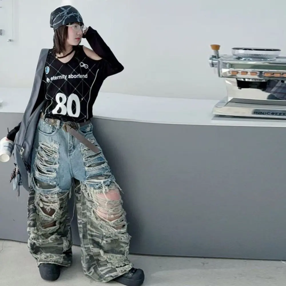 Summer Camouflage Spliced Jeans for Teen Girls 4-14 Junior Wide-leg Pants Hip Hop Jazz Street Dance Kids Trousers with Big Holes - Image 5